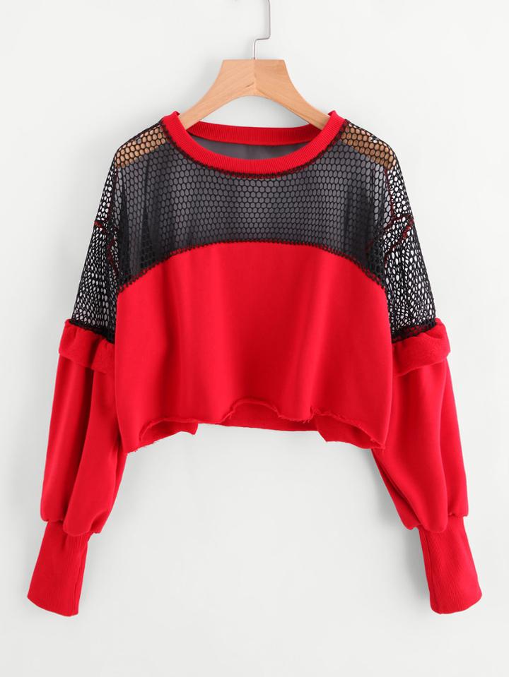Romwe Frill Trim Raw Hem Fishnet Sweatshirt