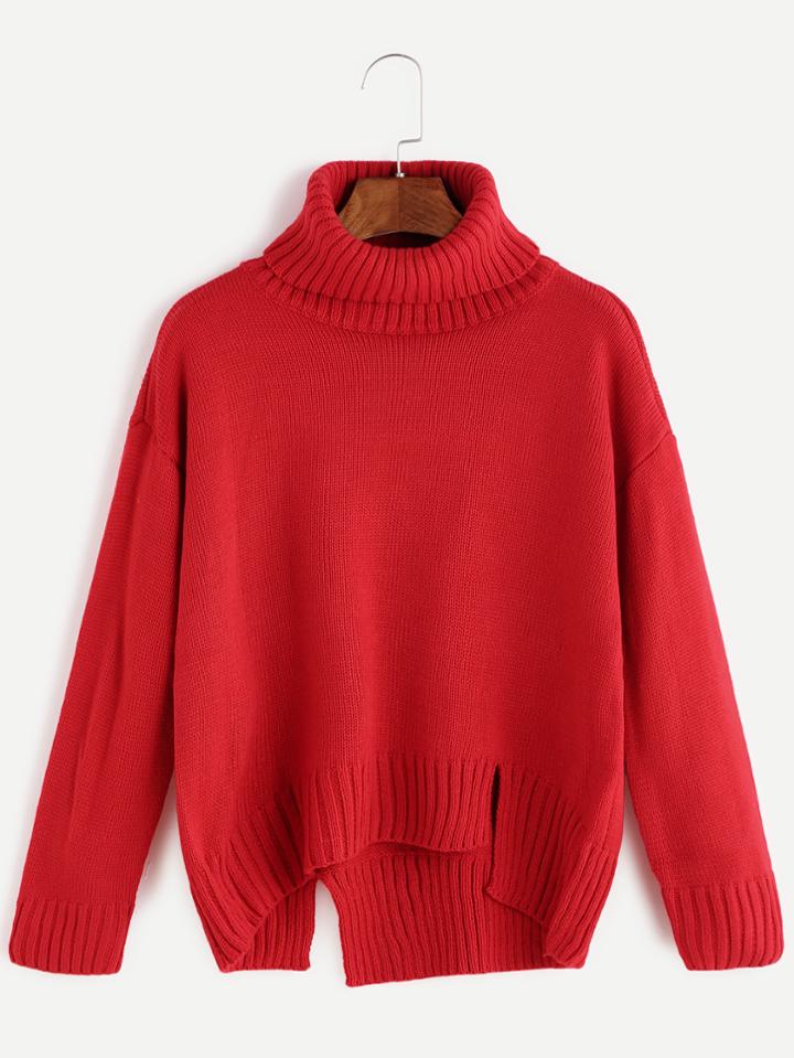 Romwe Red Roll Neck Drop Shoulder Asymmetric Hem Sweater