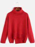 Romwe Red Roll Neck Drop Shoulder Asymmetric Hem Sweater