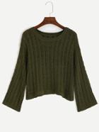 Romwe Army Green Drop Shoulder Hollow Cable Sweater