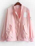 Romwe Pink Stand Collar Pockets Loose Jacket