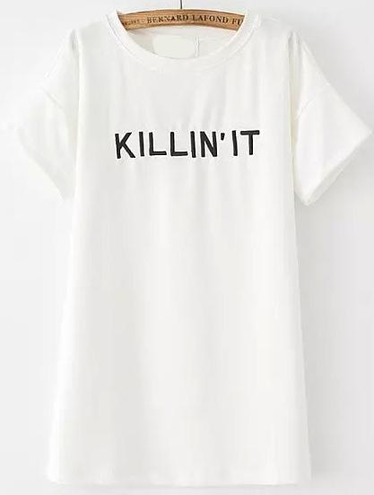Romwe Letters Embroidered Loose White T-shirt