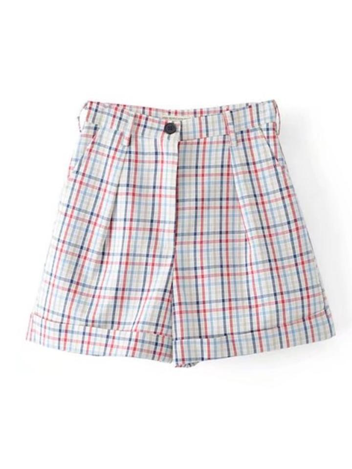 Romwe Rolled Cuff Tailored Plaid Shorts