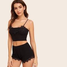 Romwe Contrast Lace Ribbed Cami Pj Set