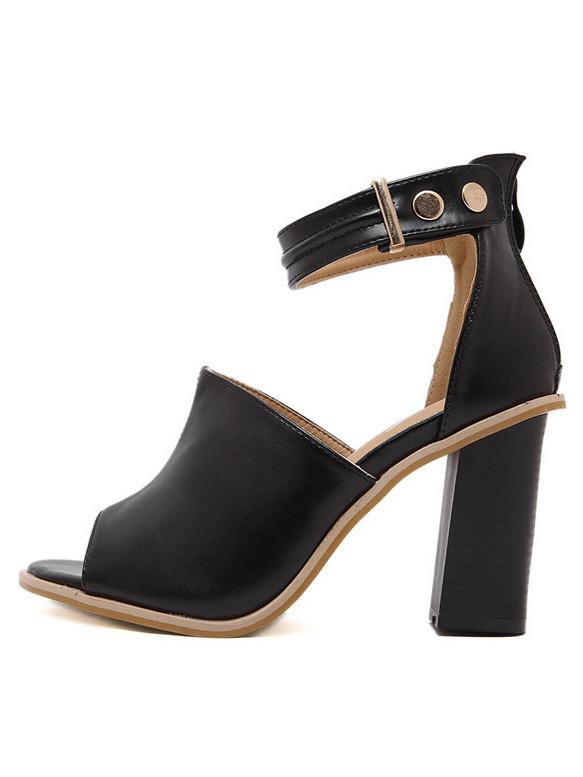 Romwe Black Fish Mouth Hollow Chunky High Heel Sandals