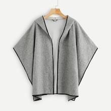 Romwe Contrast Binding Marled Knit Hooded Cape Coat