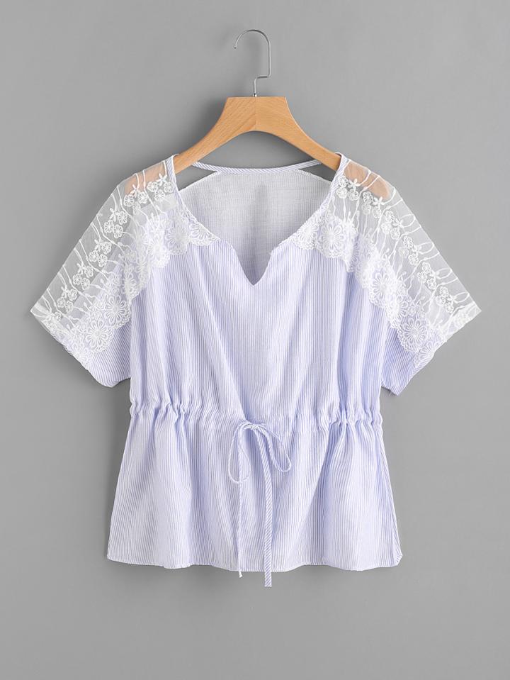 Romwe Striped Lace Panel Drawstring Waist Blouse