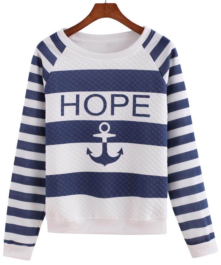 Romwe Anchors Print Striped Sweatshirt