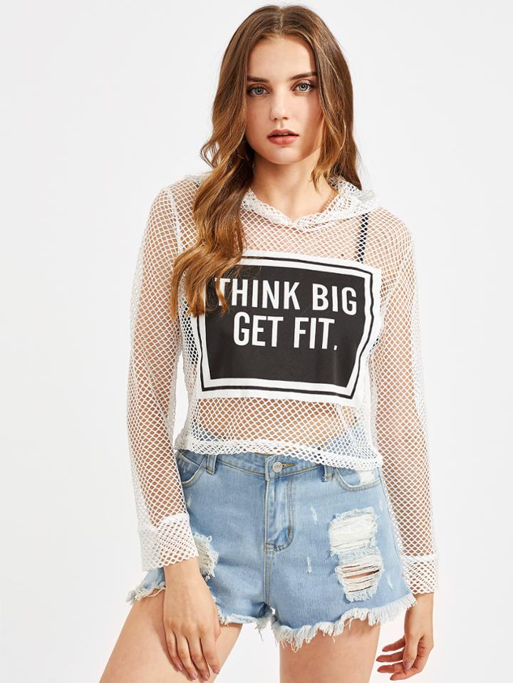 Romwe Hooded Slogan Print Fishnet Sweatshirt