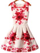 Romwe Sleeveless Florals Flare Red Dress