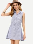 Romwe Blue Vertical Striped Drawstring Shirt Dress
