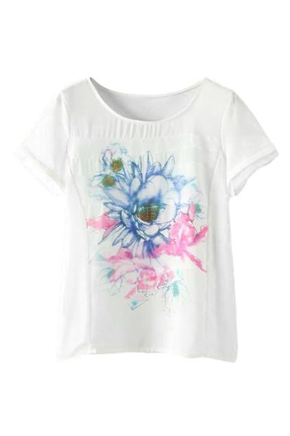 Romwe Romwe Floral Print Mesh Panel White T-shirt