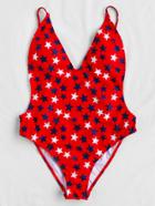 Romwe Star Print Drop Armhole Plunge Neckline Swimsuit