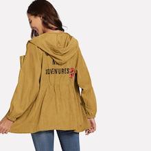 Romwe Letter Print Bishop Sleeve Zip-up Hooded Outerwear
