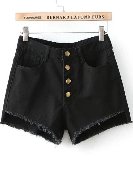 Romwe Black Buttons Fringe Denim Shorts