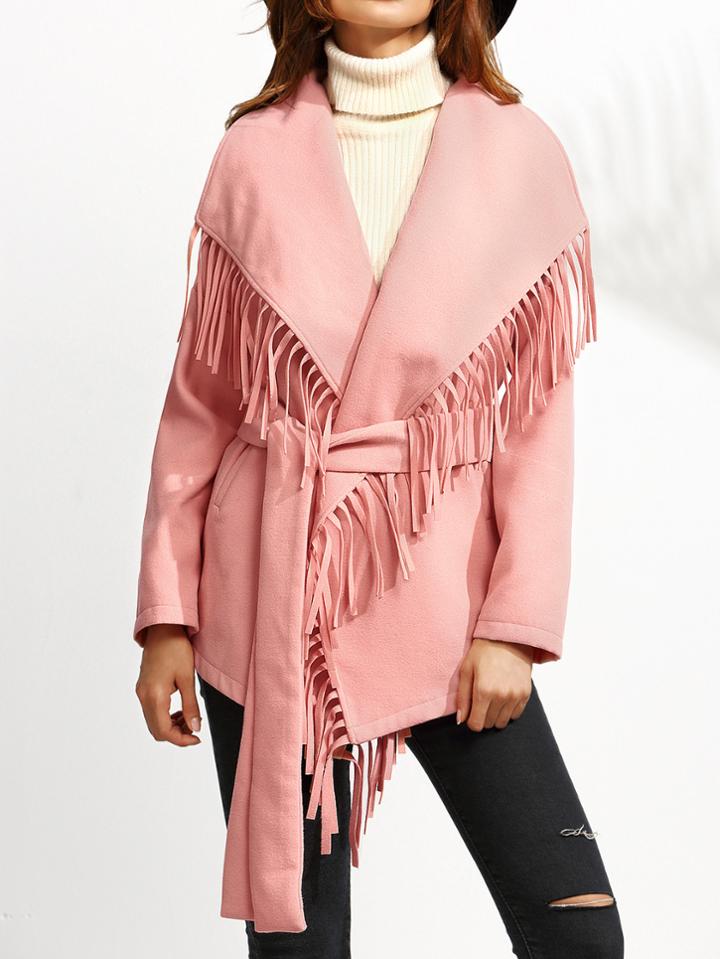 Romwe Pink Drop Shoulder Belted Oversized Fringe Collar Coat