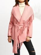 Romwe Pink Drop Shoulder Belted Oversized Fringe Collar Coat