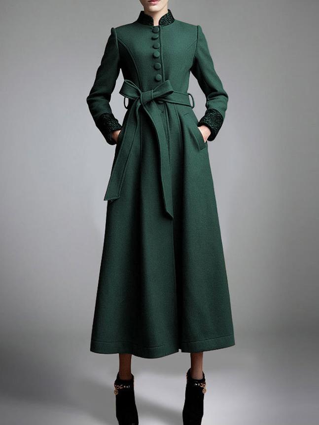 Romwe Stand Collar Buttons Belt Long Green Coat
