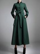 Romwe Stand Collar Buttons Belt Long Green Coat
