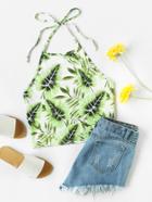 Romwe Jungle Leaf Print Self Tie Halter Top