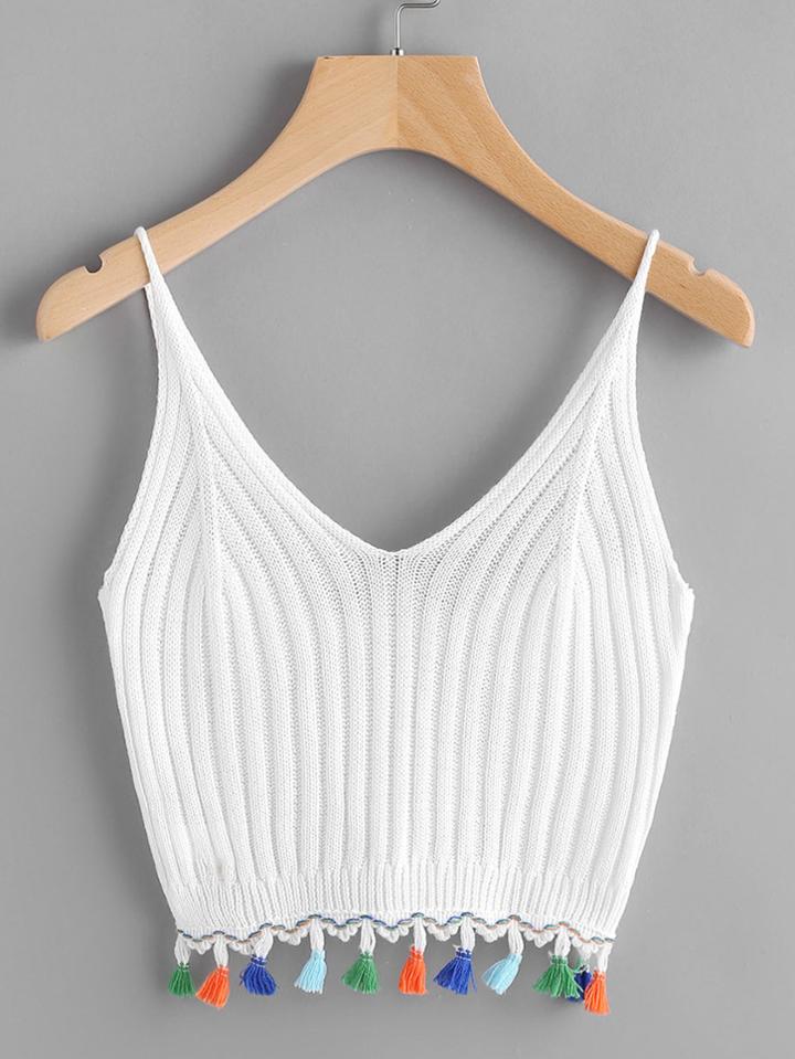 Romwe Fringe Trim Knitted Cami Top