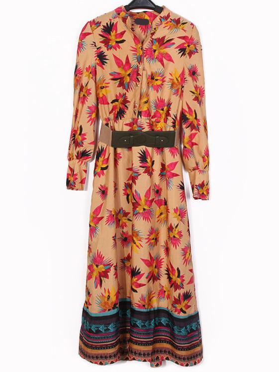 Romwe Stand Collar Floral Belt Dress