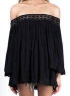 Romwe Off The Shoulder Lace Embroidered Pleated Top