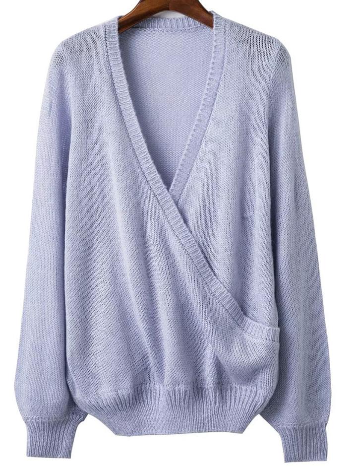 Romwe Blue Ribbed Trim V Neck Wrap Sweater