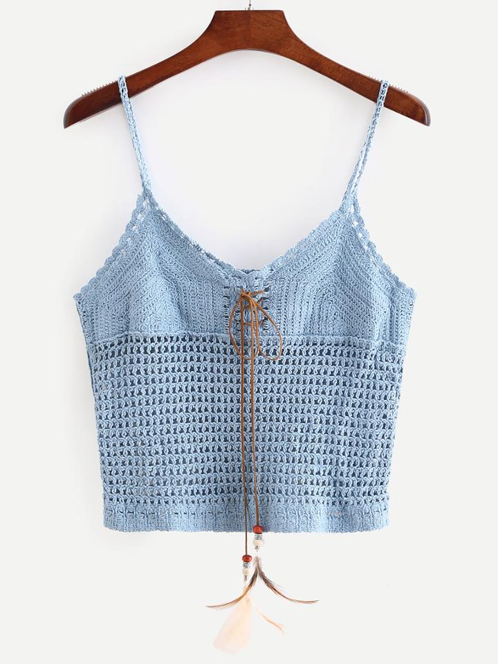 Romwe Blue Lace-up Crop Crochet Cami Top