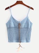 Romwe Blue Lace-up Crop Crochet Cami Top