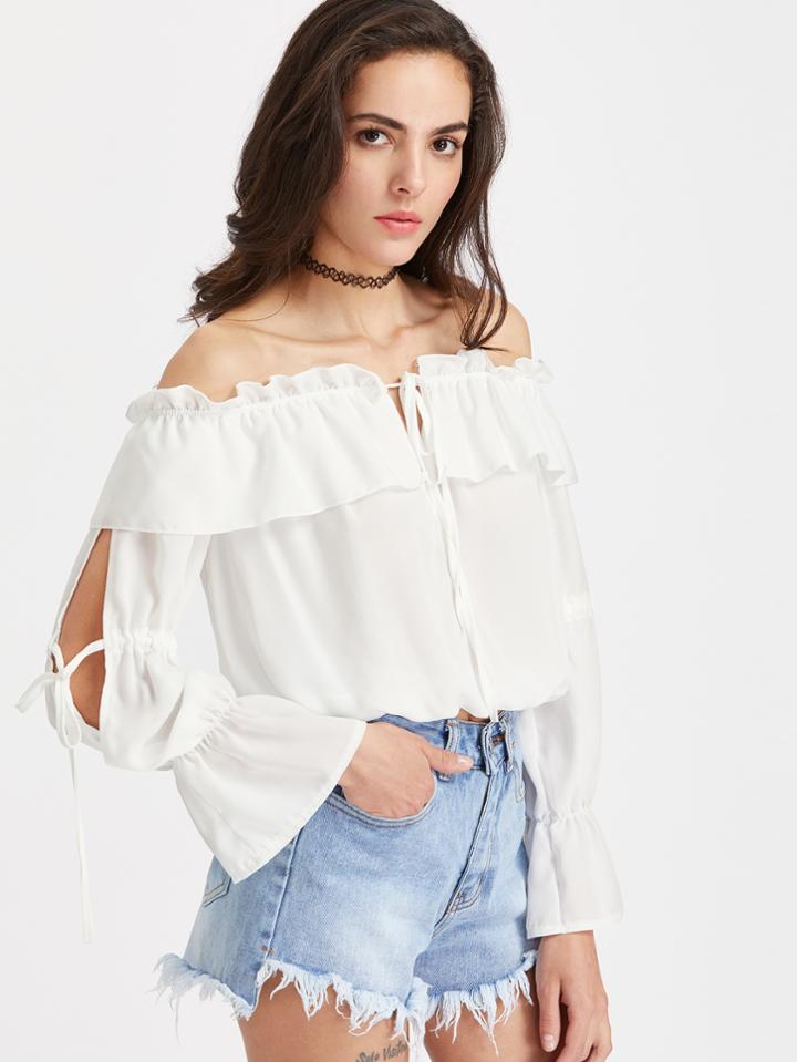 Romwe Flounce Layered Neckline Split Sleeve Tie Detail Top