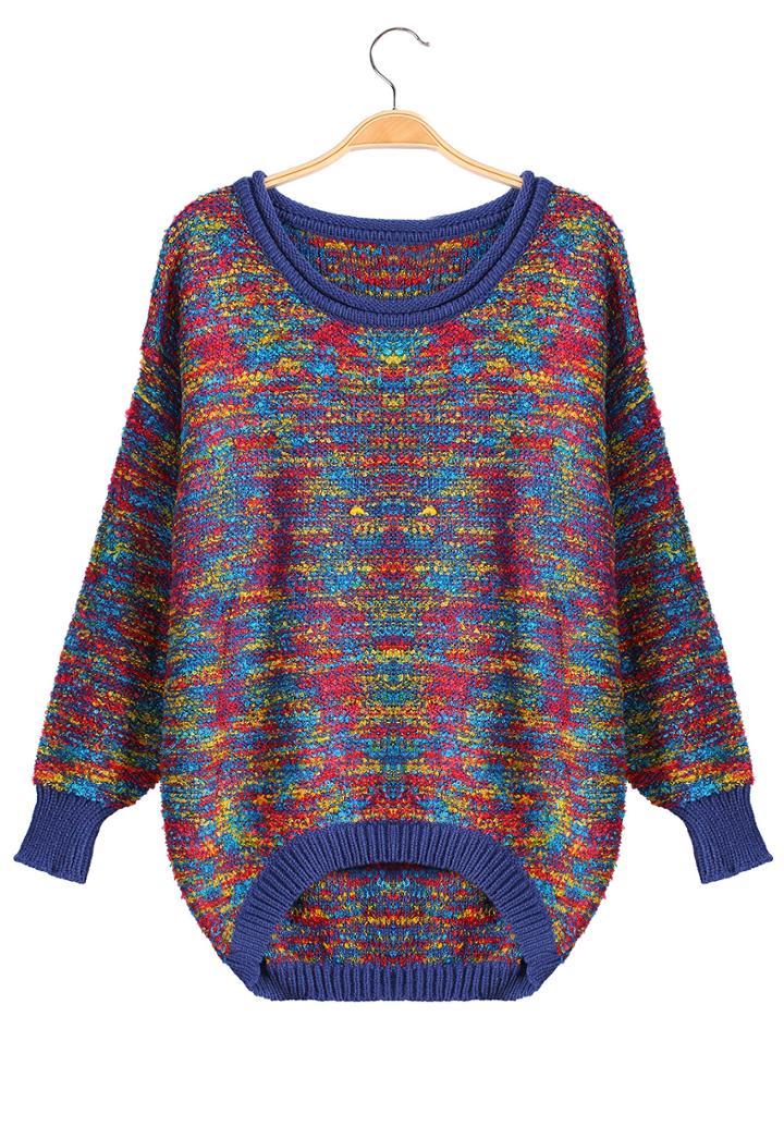 Romwe Dipped Hem Loose Blue Sweater