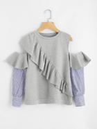 Romwe Cold Shoulder Striped Sleeve Ruffle Sweatshirt