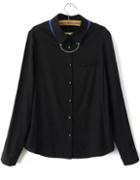 Romwe Black Lapel Long Sleeve Tie Clip Embellished Blouse