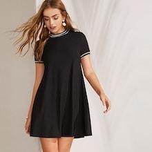 Romwe Striped Trim Ribbed Trapeze Tee Dress