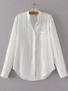 Romwe White Vertical Striped Curved Hem Blouse With Pocket