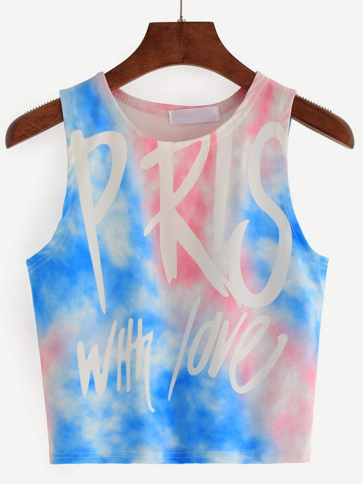 Romwe Color Block Tie-dye Letters Print Sleeveless Top