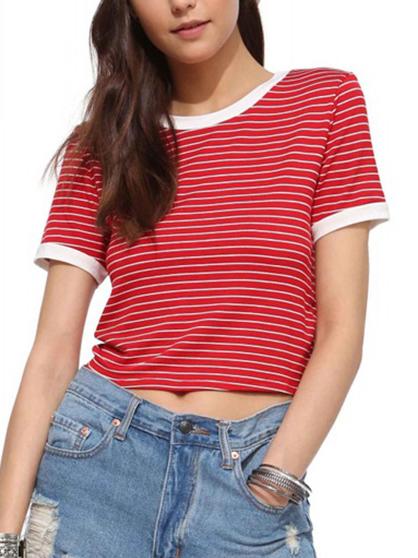 Romwe Red Striped Trim T-shirt