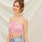 Romwe Ruched Drawstring Front Crop Halter Top
