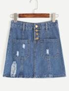 Romwe Blue Ripped Dual Pockets Denim Skirt