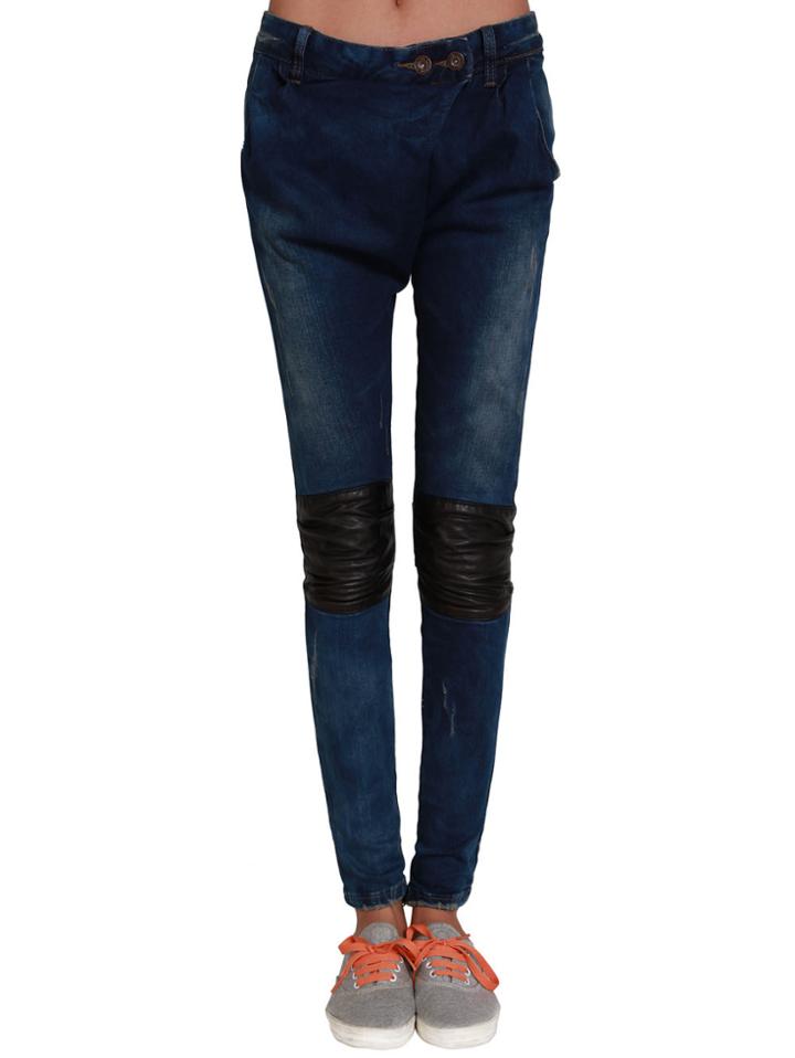 Romwe Contrast Pu Leather Bleached Denim Pant