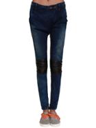 Romwe Contrast Pu Leather Bleached Denim Pant