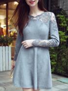 Romwe Grey Round Neck Long Sleeve Knit Contrast Gauze Lace Dress