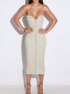 Romwe Strapless Ribbed Beige Sweater Dress With Zipper