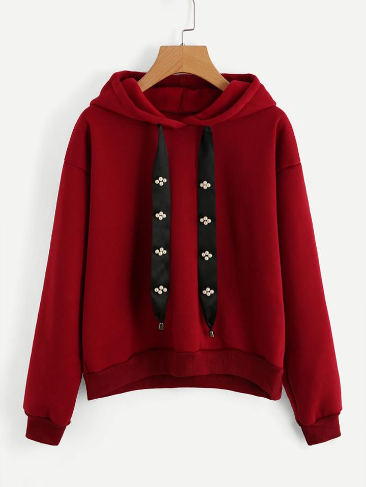 Romwe Pearl Beading Ribbon Detail Hoodie