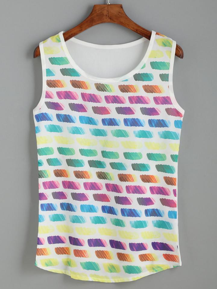 Romwe Multicolor Print High Low Tank Top