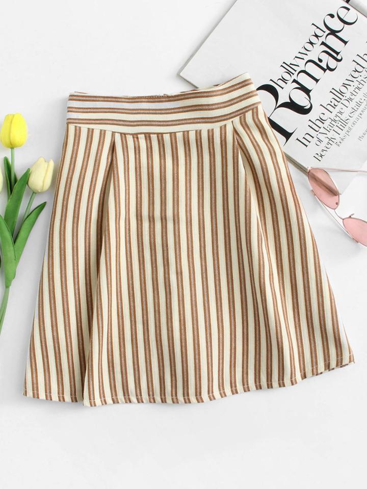 Romwe Zip Up Back Striped Pleated Skirt