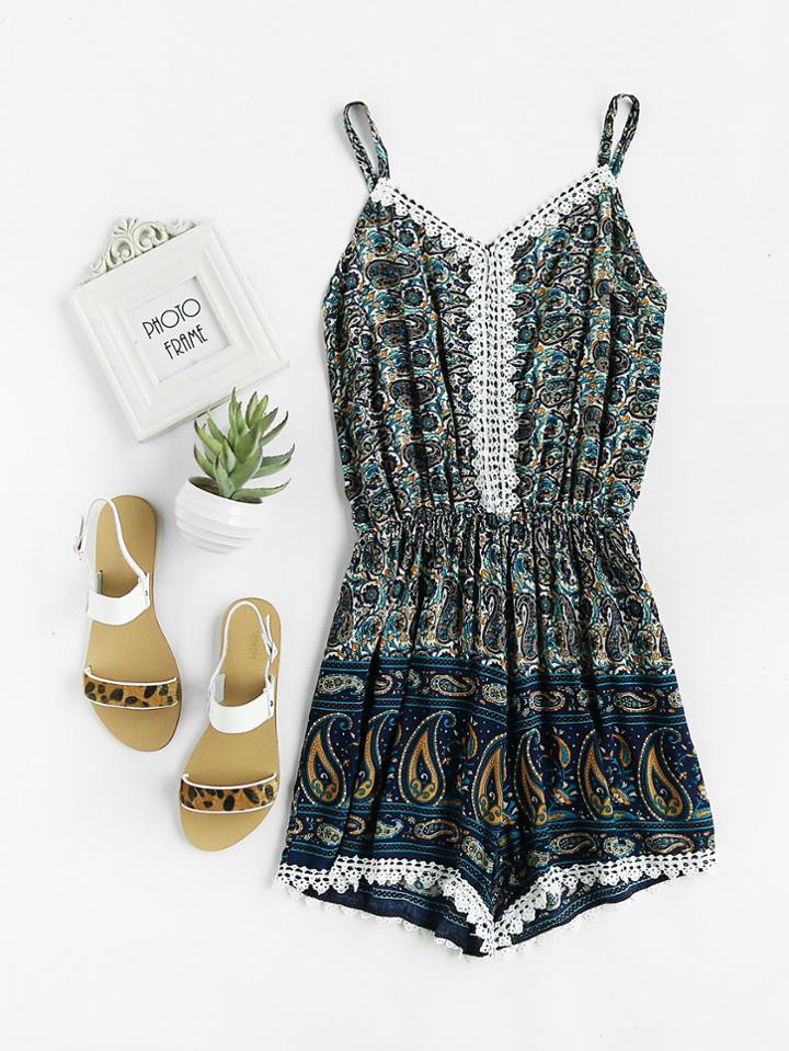Romwe Paisley Print Contrast Lace Trim Romper