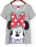 Romwe Mickey Mouse Print Striped T-shirt