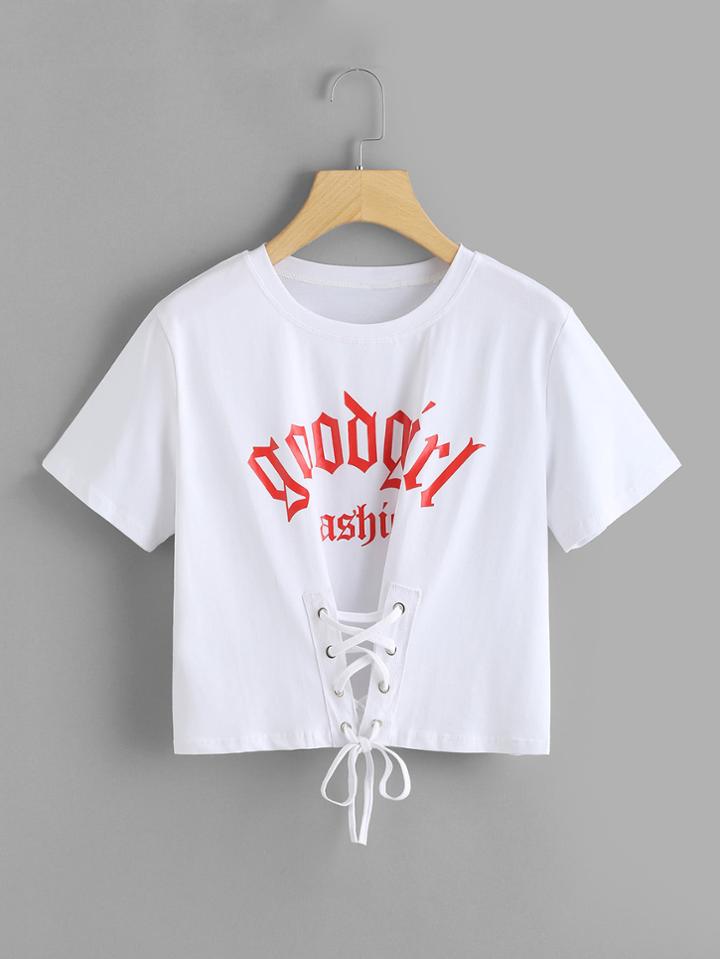 Romwe Lace Up Front Letter Print Tee
